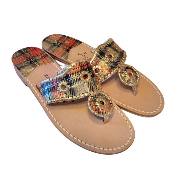 Jack Rogers NEW Holiday Tartan Plaid Metallic Whipstich Thong Sandals - Picture 2 of 8